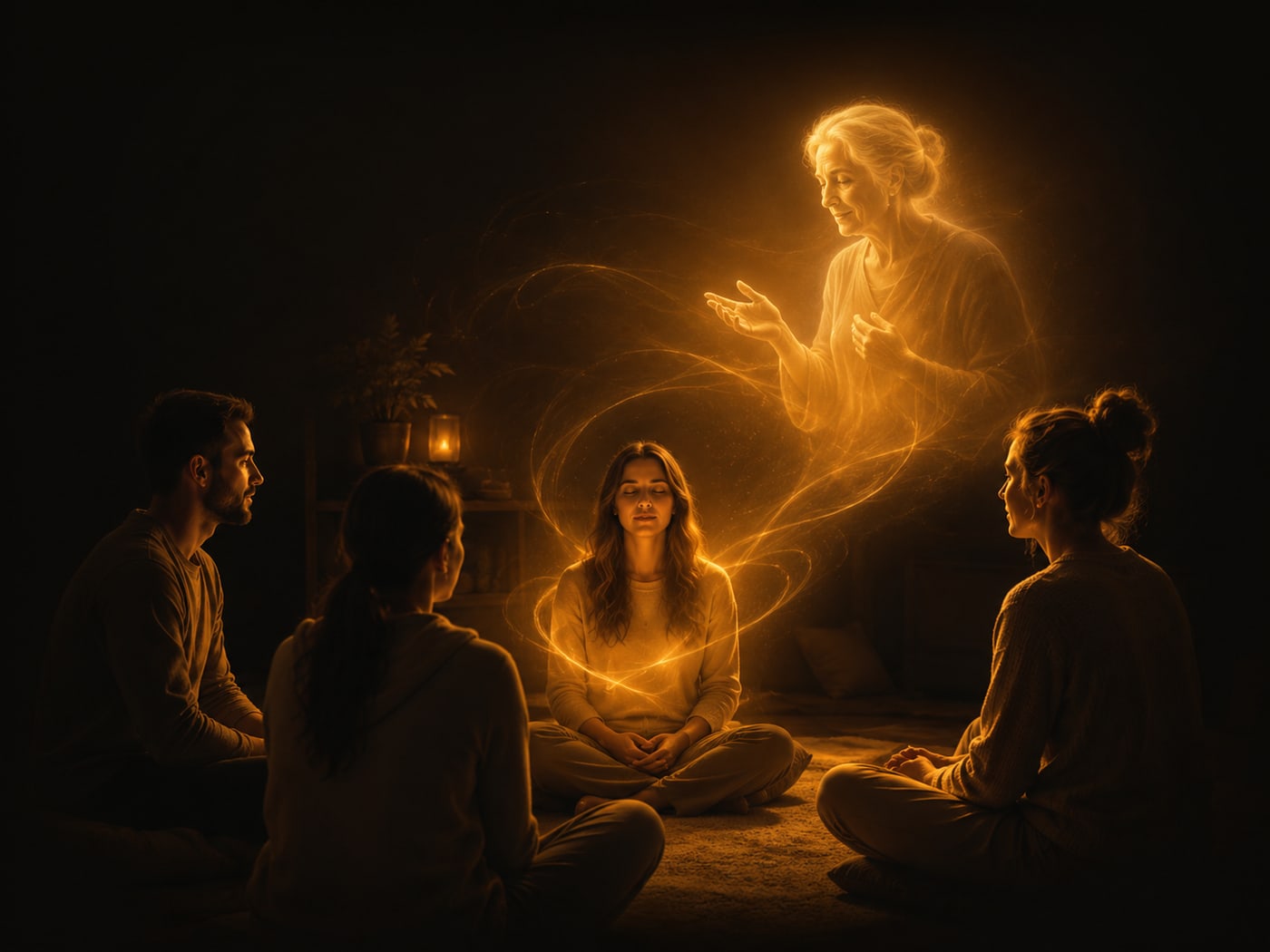 Um momento de acolhimento espiritual: um grupo reunido enquanto um espírito luminoso se comunica.