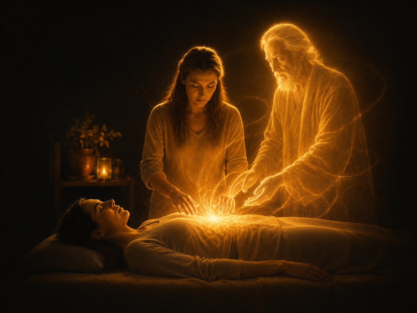 Tratamento espiritual: uma médium e um médico espírito conduzindo um trabalho de luz sobre a pessoa.